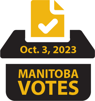 Image of a black ballot box and a yellow ballot with a white check mark. The text reads Oct. 3, 2023 Manitoba Votes.