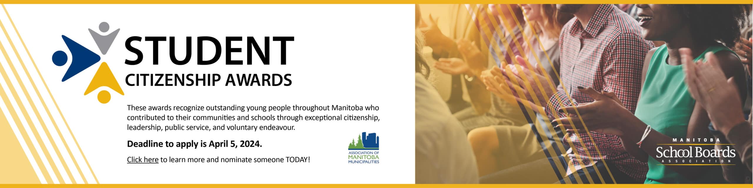 These awards recognize outstanding young people throughout Manitoba who contributed to their communities and schools through exceptional citizenship, leadership, public service, and voluntary endeavour. Deadline to apply is April 5, 2024. Click here to learn more and nominate someone TODAY!